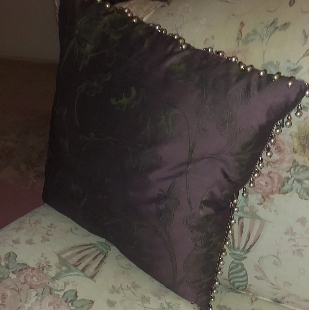 2 Pc Vintage Silk Chocolate Brown Floral Down Pearl Beaded Embellishment Pillows